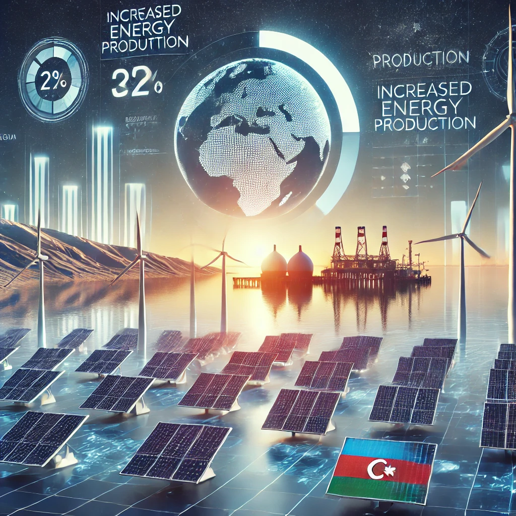 Illustration de la nouvelle politique énergétique de l'Azerbaïdjan avec des panneaux solaires et des éoliennes devant la mer Caspienne.