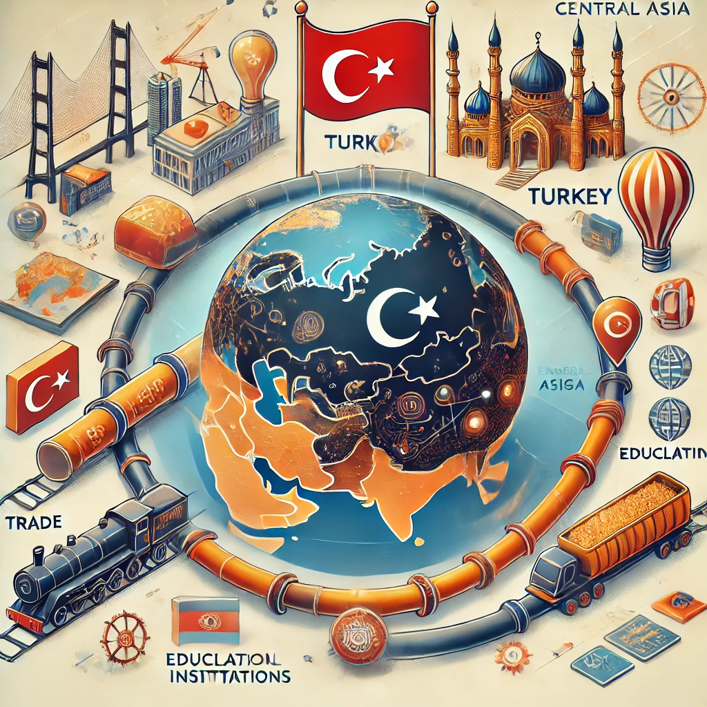 Illustration de l'influence géopolitique de la Turquie en Asie centrale, montrant des symboles de connexions économiques, énergétiques et culturelles.