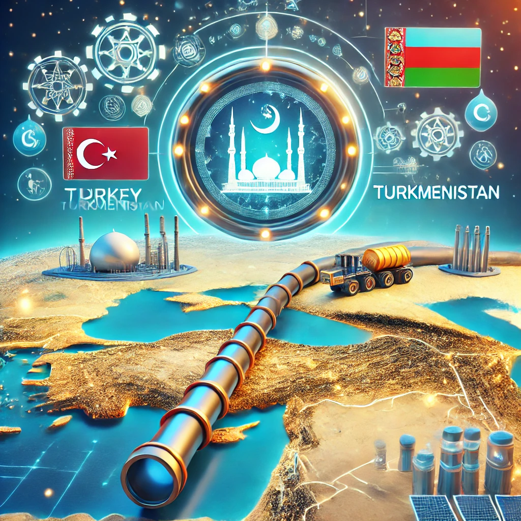 Illustration de la coopération énergétique entre la Turquie et le Turkménistan, montrant un projet de gazoduc avec une carte du tracé passant par la mer Caspienne jusqu'à la Turquie.