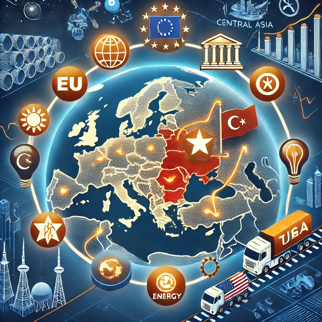 Illustration des négociations commerciales entre l'UE et les pays turciques, montrant des symboles de commerce, énergie et infrastructures.