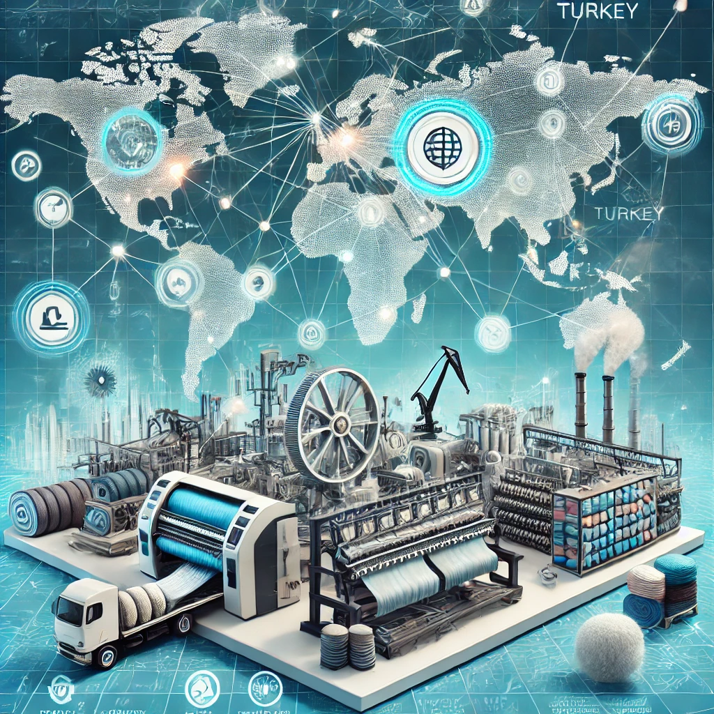 Illustration de l'industrie textile en Turquie, montrant des machines textiles modernes, des tissus de haute qualité et une carte des routes d'exportation.