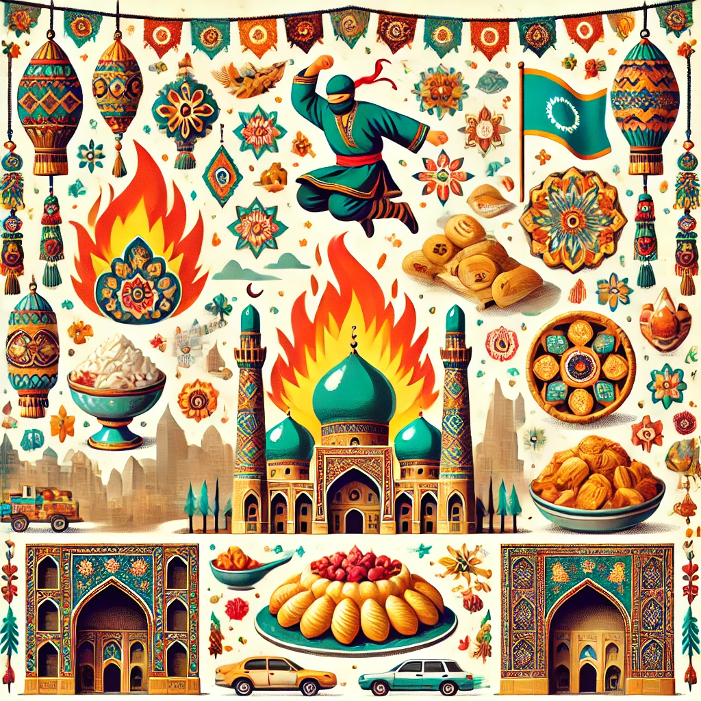 Illustration des célébrations de Nevruz dans les pays turciques, avec des symboles de festivités traditionnelles et modernes, incluant le saut par-dessus le feu, des aliments traditionnels comme le sumalak et le baklava, des décorations vibrantes, et des monuments emblématiques de Samarcande et Boukhara.