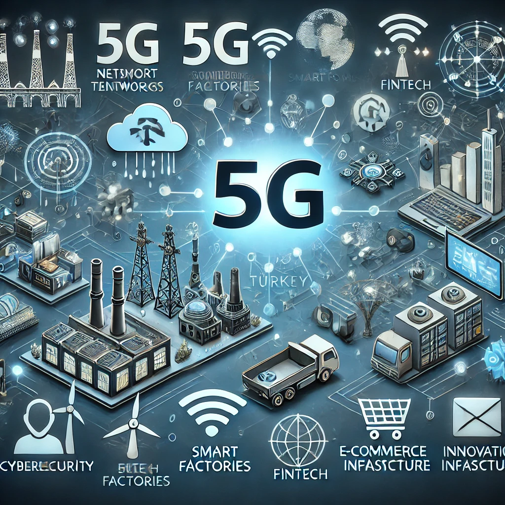 Illustration de la transformation numérique en Turquie, montrant des symboles de technologies modernes tels que les réseaux 5G, les usines intelligentes, les plateformes de commerce électronique et les applications fintech.