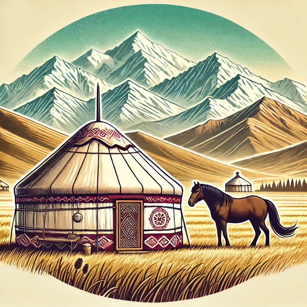 Illustration des steppes kirghizes montrant une yourte traditionnelle, un cheval paissant et les montagnes du Tien Shan, reflétant le cadre de l'épopée de Manas.