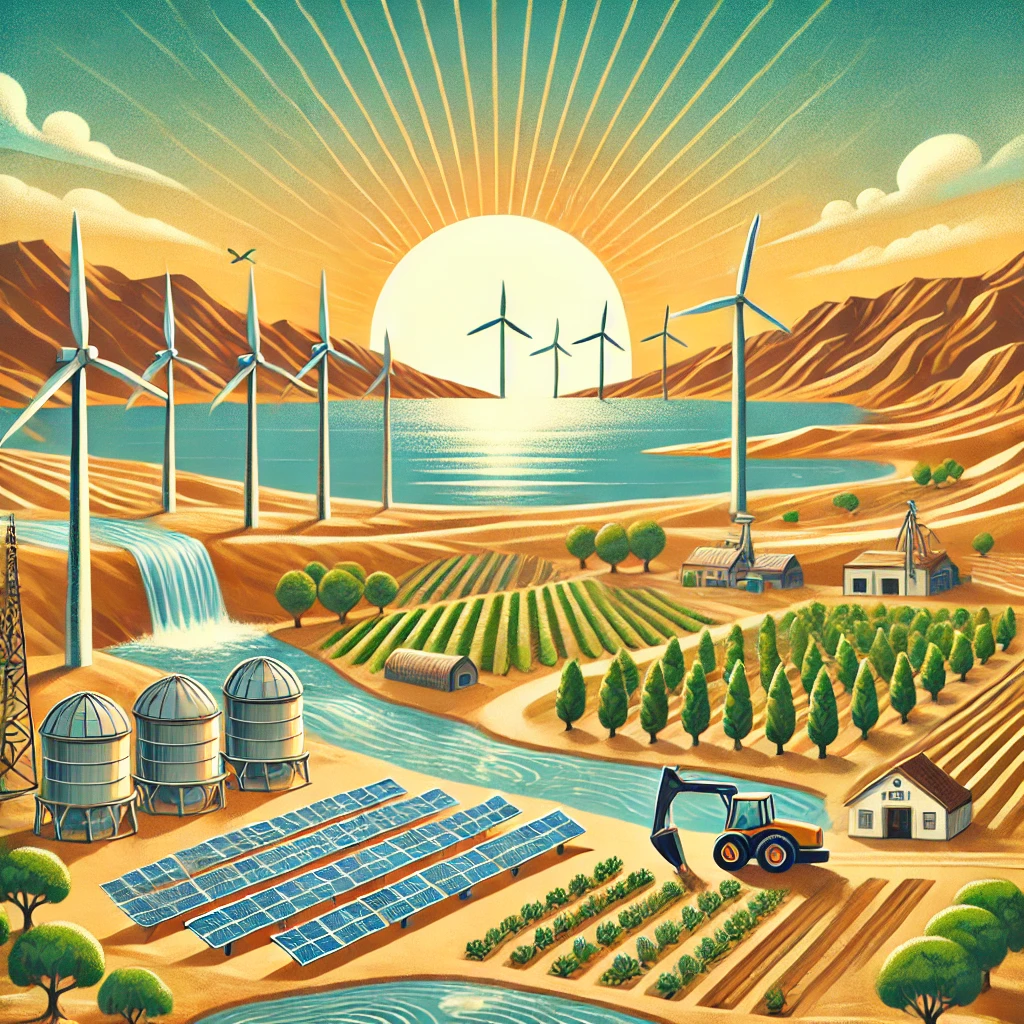 Illustration des initiatives environnementales de l'Ouzbékistan avec des panneaux solaires, des éoliennes, la mer d'Aral et des champs d'agriculture durable.