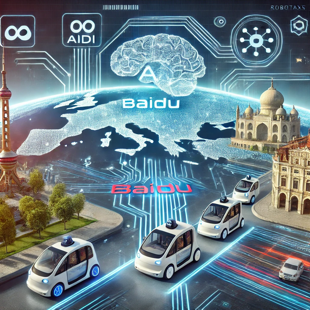 L'expansion de l'IA de Baidu en Eurasie avec des robotaxis, des icônes d'IA, et une connectivité numérique entre l'Europe et l'Asie.