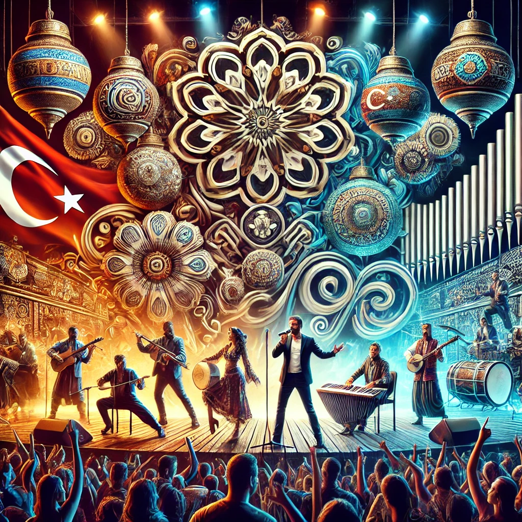 Image des artistes turcs Tarkan et Sezen Aksu se produisant sur une grande scène avec des instruments traditionnels turcs et des éléments pop modernes, entourés d'un public enthousiaste et diversifié.