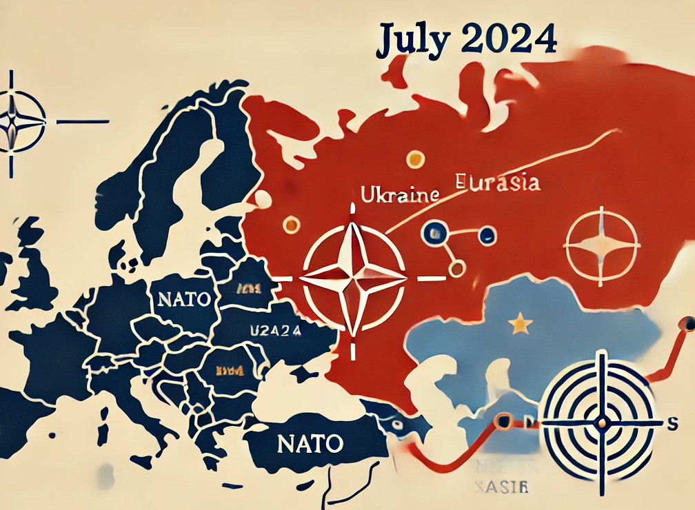 Illustration simple des événements géopolitiques clés en Eurasie pour juillet 2024, incluant des conflits, un sommet de l'OTAN, des routes économiques, des cybermenaces et des relations commerciales.