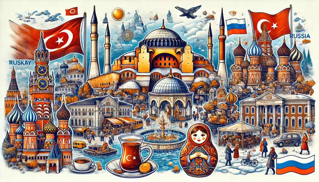 Illustration représentant la Turquie et la Russie avec des monuments emblématiques tels que Sainte-Sophie à Istanbul et le Kremlin à Moscou, mettant en valeur l'architecture traditionnelle, des éléments culturels comme le thé turc, un bazar animé, des poupées Matriochka et un paysage enneigé.