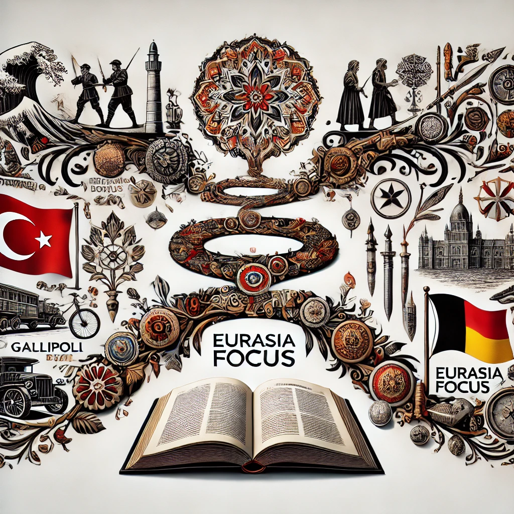 Voyage symbolique représentant le voyage autobiographique de Fatih Ak, de ses racines turques à la vie en Belgique, avec des motifs turcs traditionnels, des éléments de la bataille de Gallipoli et des symboles belges modernes, ainsi qu'un livre ouvert présentant un arbre généalogique, des artefacts culturels et le logo du média Eurasia Focus.