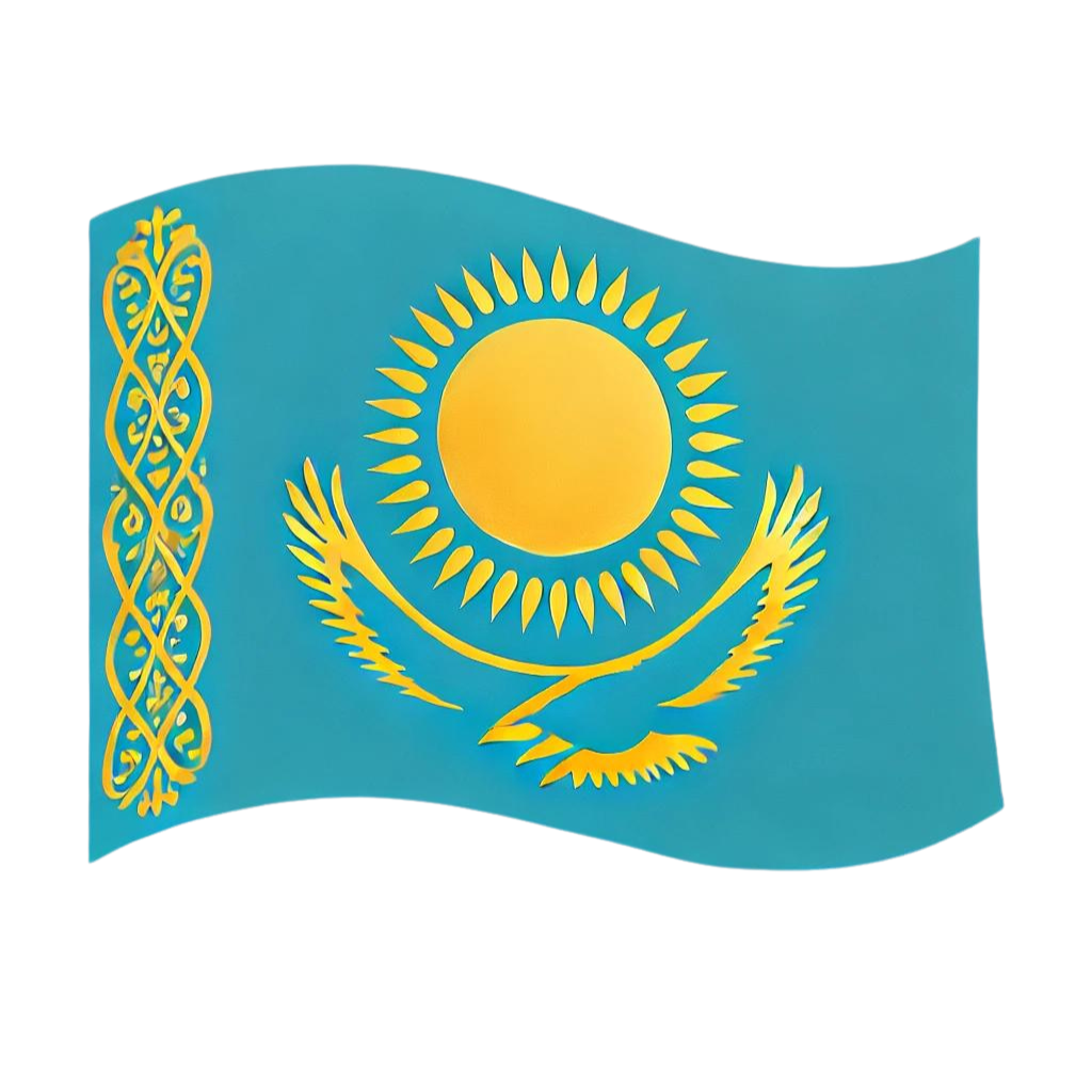 Drapeau du Kazakhstan avec un soleil doré, un aigle des steppes et un motif ornemental sur un fond bleu.