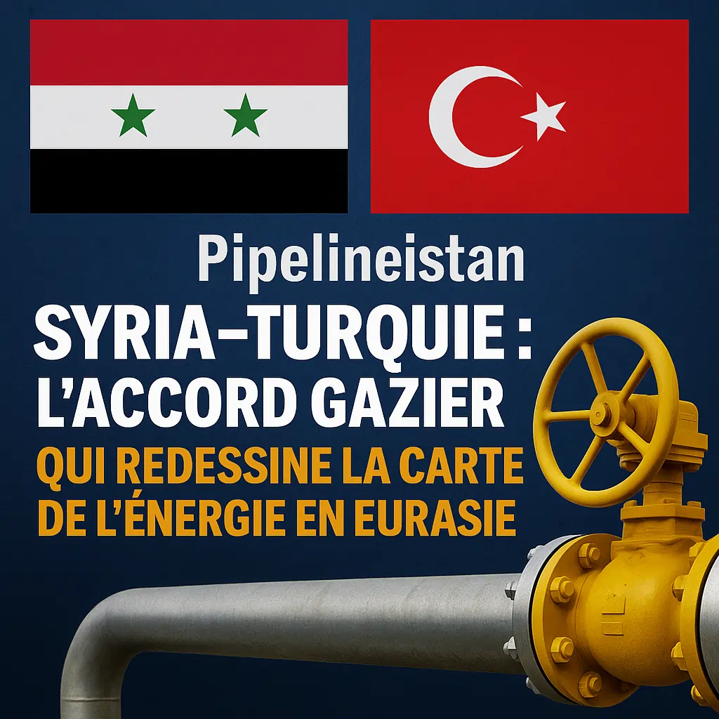 Accord gazier Syrie-Turquie illustré par deux drapeaux et une vanne de pipeline.
