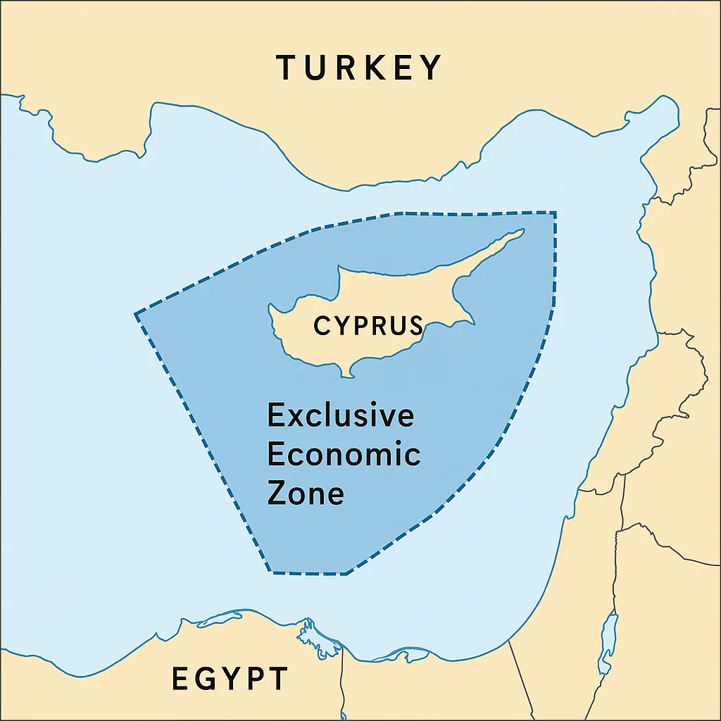 Carte montrant la zone économique exclusive (ZEE) de Chypre en Méditerranée orientale.