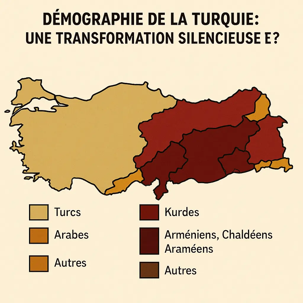 Carte démographique de la Turquie montrant la répartition ethnique entre Turcs, Kurdes, Arabes, Arméniens et autres groupes.