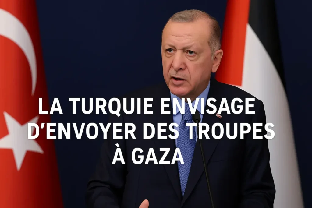 Recep Tayyip Erdogan s’exprimant lors d’une conférence à Ankara sur le possible envoi de troupes turques à Gaza.