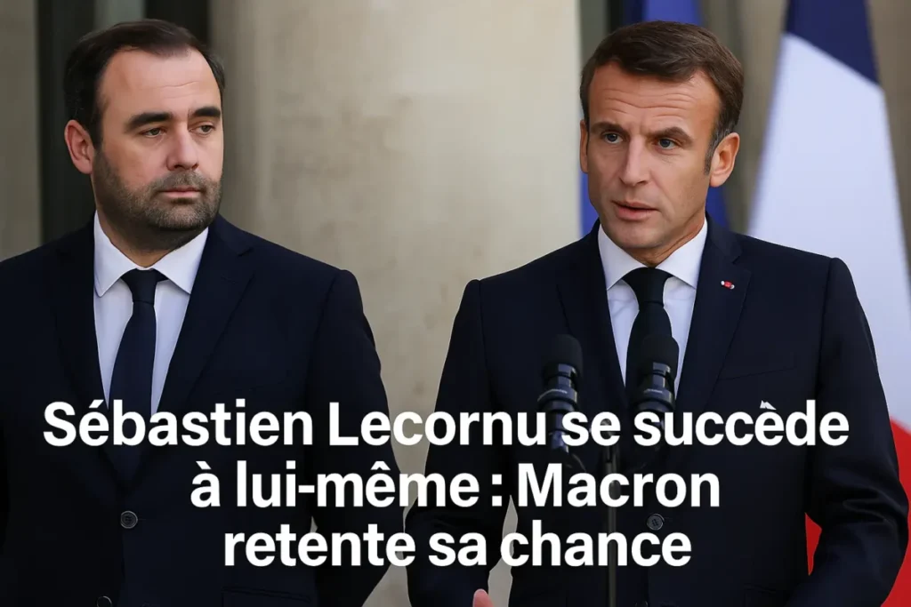 Emmanuel Macron et Sébastien Lecornu lors de la nomination du nouveau gouvernement, symbolisant la continuité politique à Matignon.