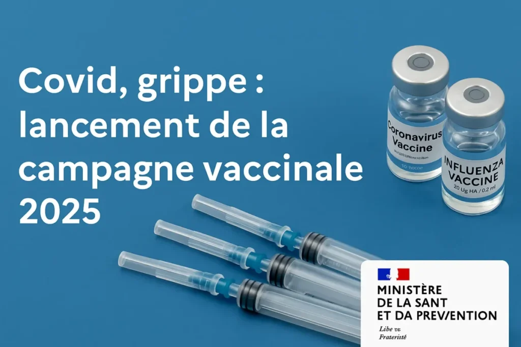 Covid, grippe : lancement de la campagne vaccinale 2025 Image illustrant la campagne vaccinale 2025 en France avec des seringues, des vaccins et le logo du ministère de la Santé.