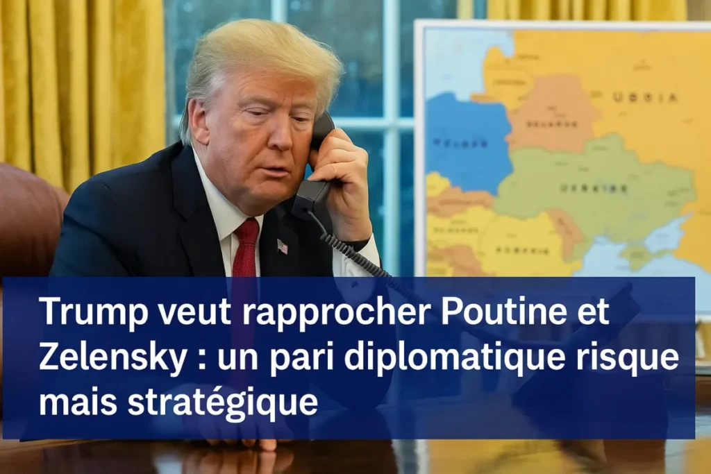 Donald Trump au téléphone dans le Bureau ovale, en arrière-plan une carte de l’Europe de l’Est.