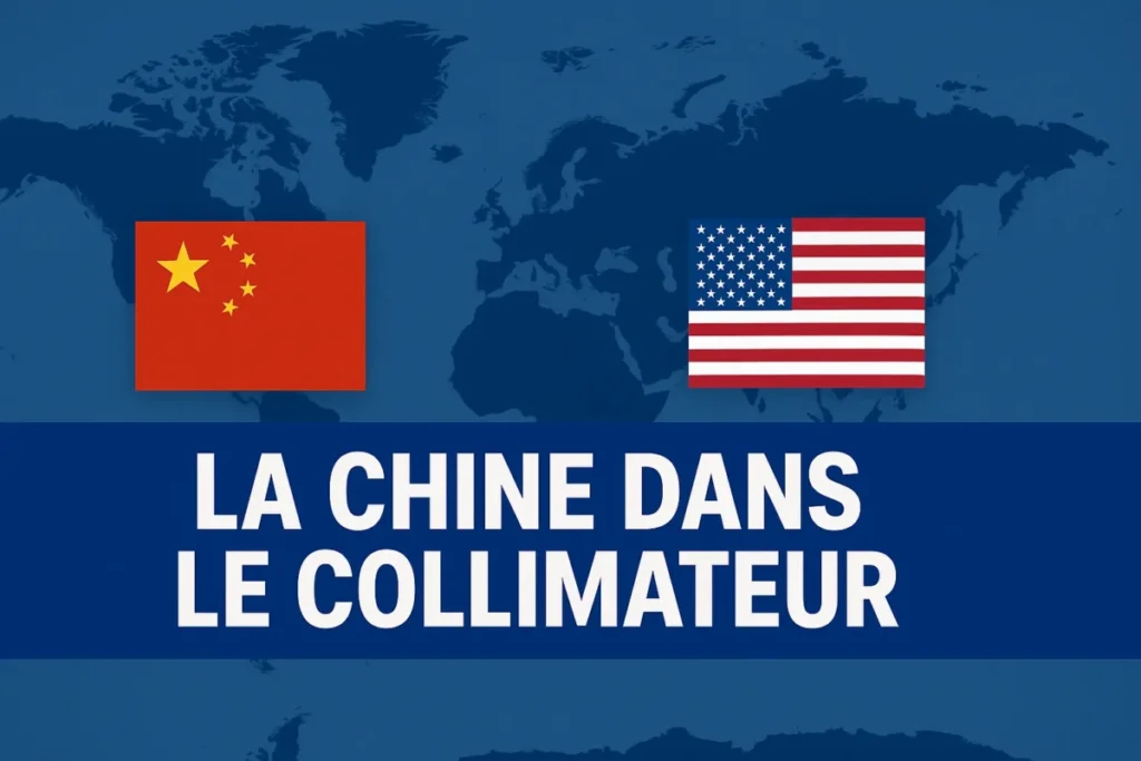Carte du monde stylisée avec les drapeaux chinois et américains en opposition sur fond bleu.