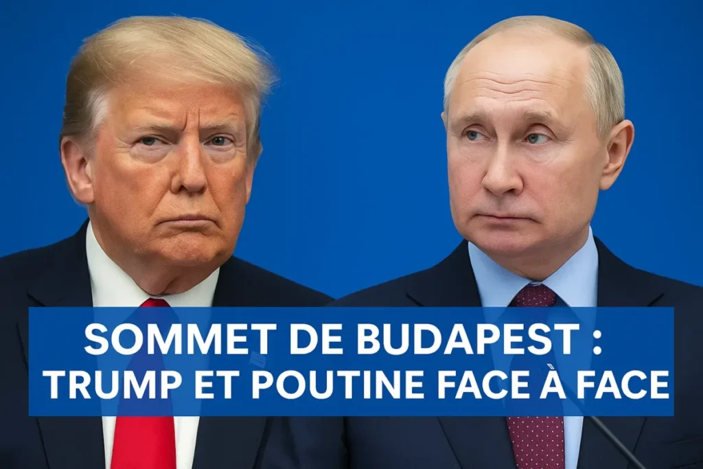 : Image de couverture géopolitique montrant Trump et Poutine sur fond bleu, texte blanc : « Sommet de Budapest : Trump et Poutine face à face ».