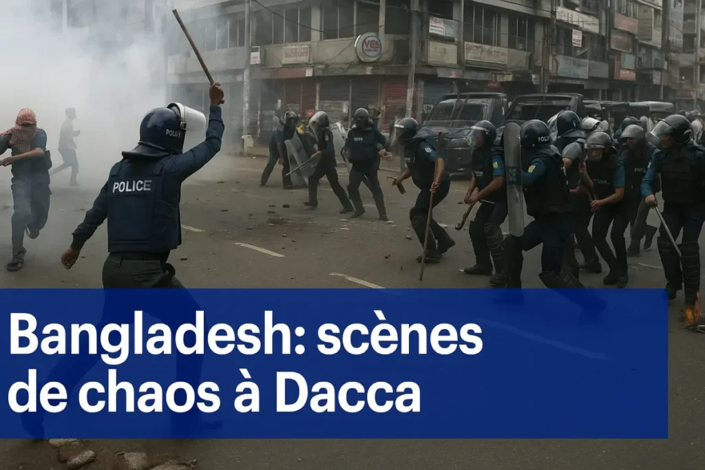 Image de Dacca montrant des affrontements entre la police et des manifestants dans les rues du Bangladesh.