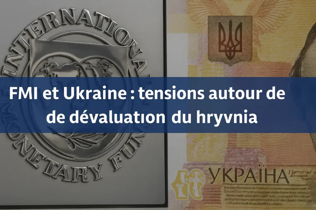 Image illustrant la monnaie ukrainienne hryvnia et le logo du FMI.