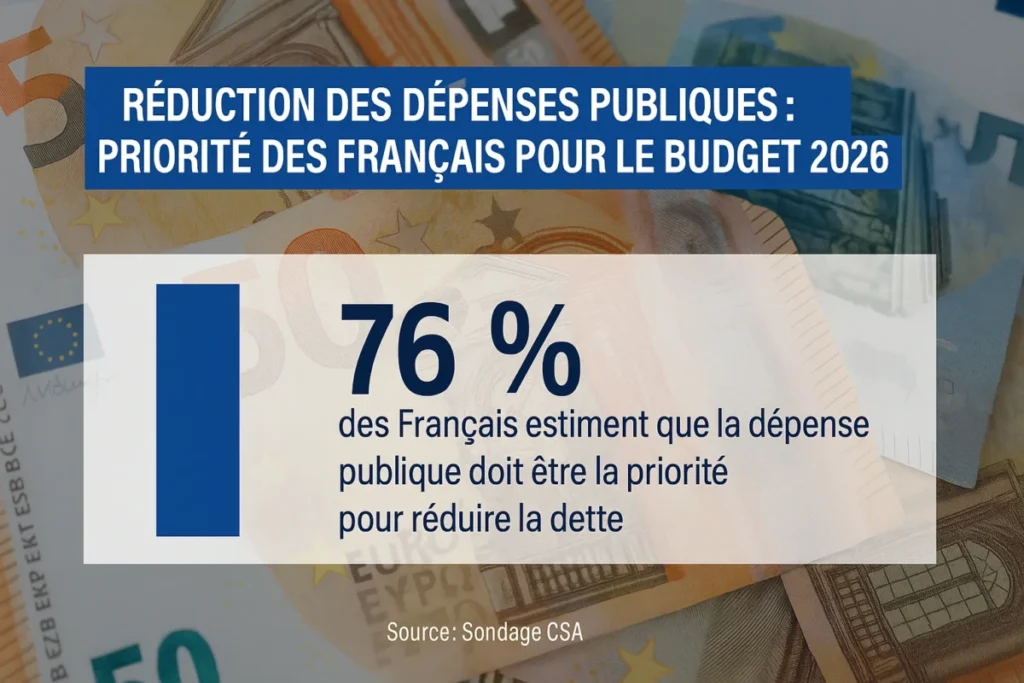 Budget 2026 : face à la dette, près de 8 Français sur 10 estiment qu’il faut s’attaquer en priorité à la dépense publique Budget 2026 réduction des dépenses publiques enquête CSA », « 76 % des Français veulent une baisse des dépenses publiques », « Sondage CNEWS Europe 1 JDD dépenses publiques dette