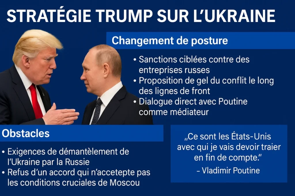 Un véritable tournant ? Face à Vladimir Poutine toujours inflexible, Donald Trump tente de changer de stratégie sur la guerre en Ukraine Donald Trump et Vladimir Poutine lors d’une conversation diplomatique au sujet de la guerre en Ukraine