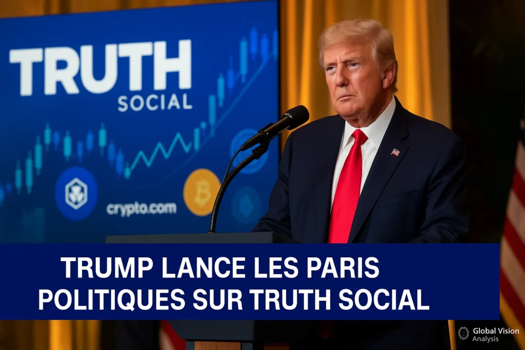 Trump lance les paris politiques sur Truth Social Écran de smartphone affichant Truth Social avec la nouvelle fonction Truth Predict et symbole de pari