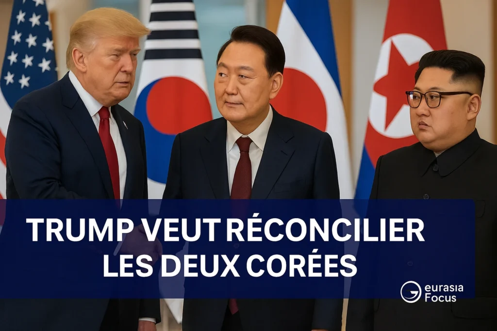Donald Trump veut réconcilier la Corée du Sud et la République populaire démocratique de Corée (RPDC) Donald Trump, Yoon Suk-yeol et Kim Jong-un lors du sommet APEC en Corée du Sud, drapeaux américains, sud-coréen et nord-coréen en arrière-plan.