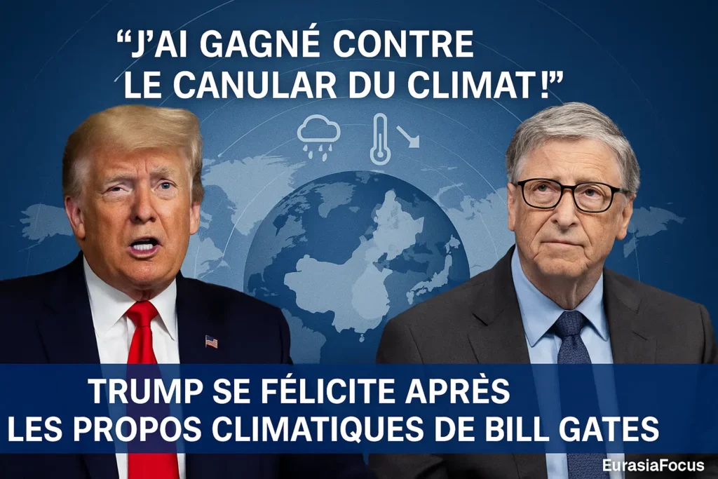 Donald Trump s’exprimant devant un pupitre, drapeau américain en arrière-plan, faisant référence à des propos de Bill Gates sur le changement climatique.