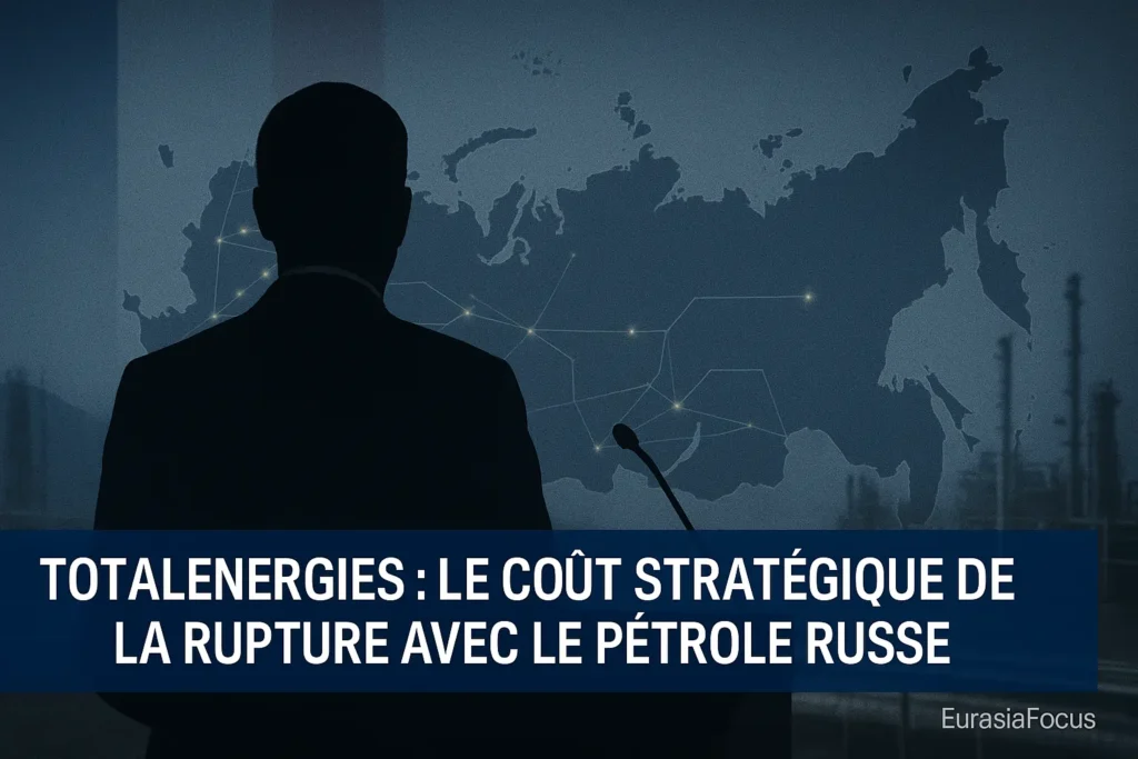 TotalEnergies face au prix de sa rupture avec le pétrole russe PDG de TotalEnergies Patrick Pouyanné lors d’une conférence, avec une carte de la Russie et des gisements d’hydrocarbures en arrière-plan.