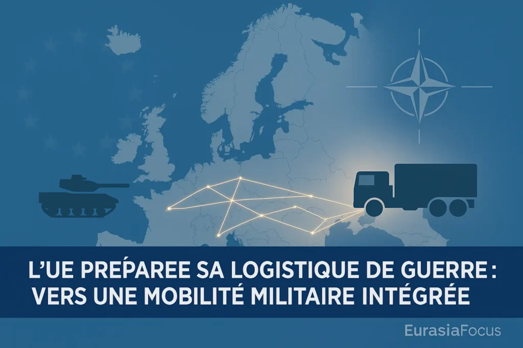 L’Union européenne prépare sa logistique de guerre : vers une mobilité militaire intégrée Convoi militaire sur voie ferrée en Europe, wagons transportant des chars sous drapeaux de l’Union européenne et de l’OTAN.