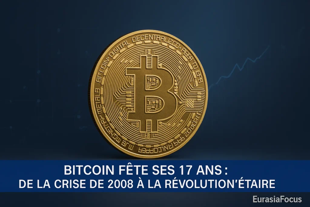 Il y a 17 ans, naissait le Bitcoin : l’héritage de Satoshi Nakamoto Une pièce de Bitcoin posée sur un fond numérique bleu, représentant la blockchain et la decentralization.