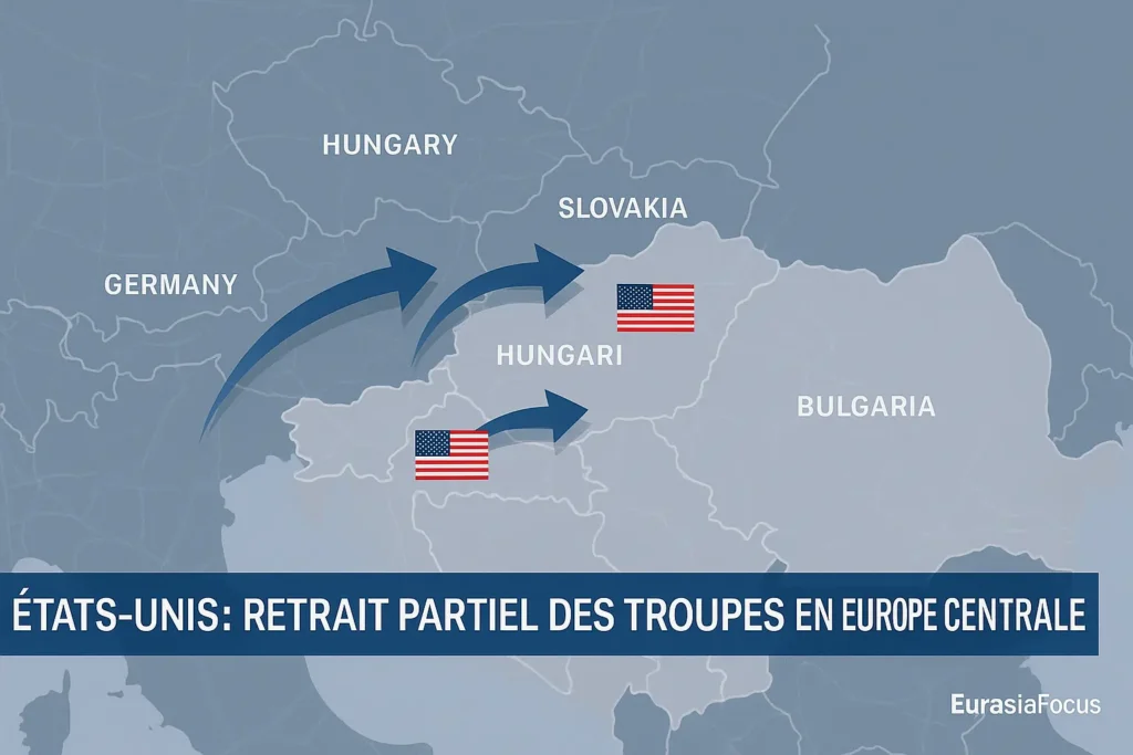 Les États-Unis réduisent leur présence militaire en Europe centrale : un tournant stratégique Carte stylisée de l’Europe centrale avec drapeaux américains, symbolisant le retrait partiel des troupes des États-Unis.