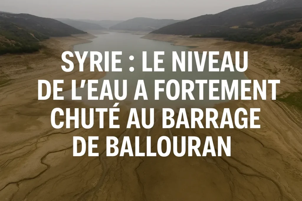 Barrage de Ballouran en Syrie vu par drone, montrant le recul dramatique du niveau d’eau