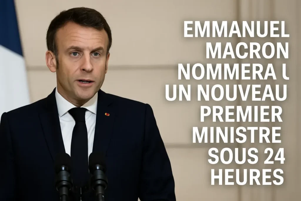 Emmanuel Macron en conférence de presse à l’Élysée, évoquant la nomination d’un nouveau Premier ministre.